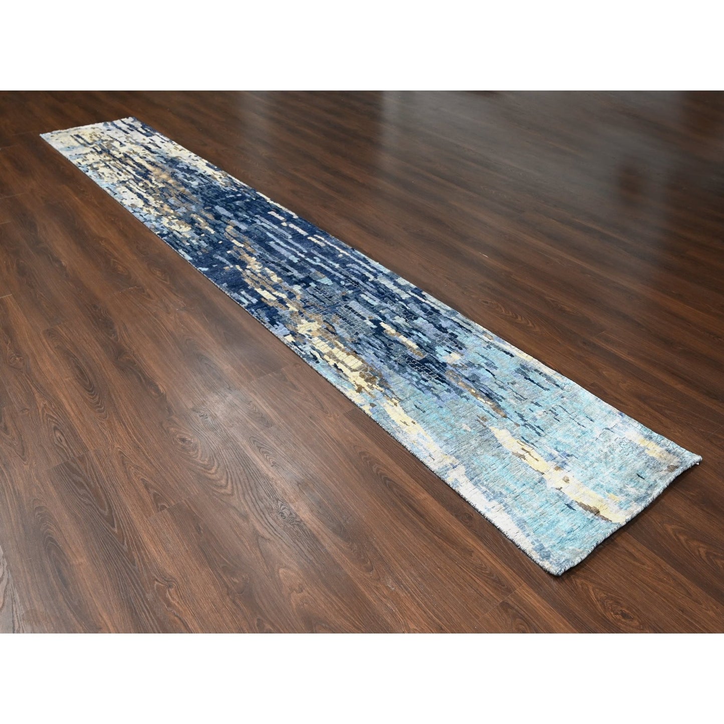 2'7"X15'9" Blue Wool And Silk Modern Mosaic Hand Knotted Xl Runner Rug