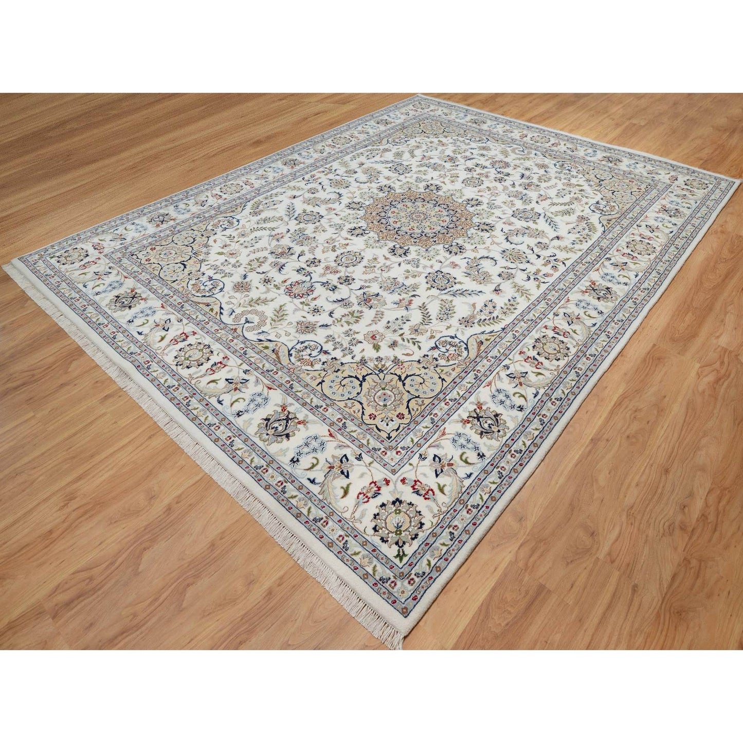 8'10"X12'4" White Nain With Flower Design Hand Knotted Wool And Silk Rug