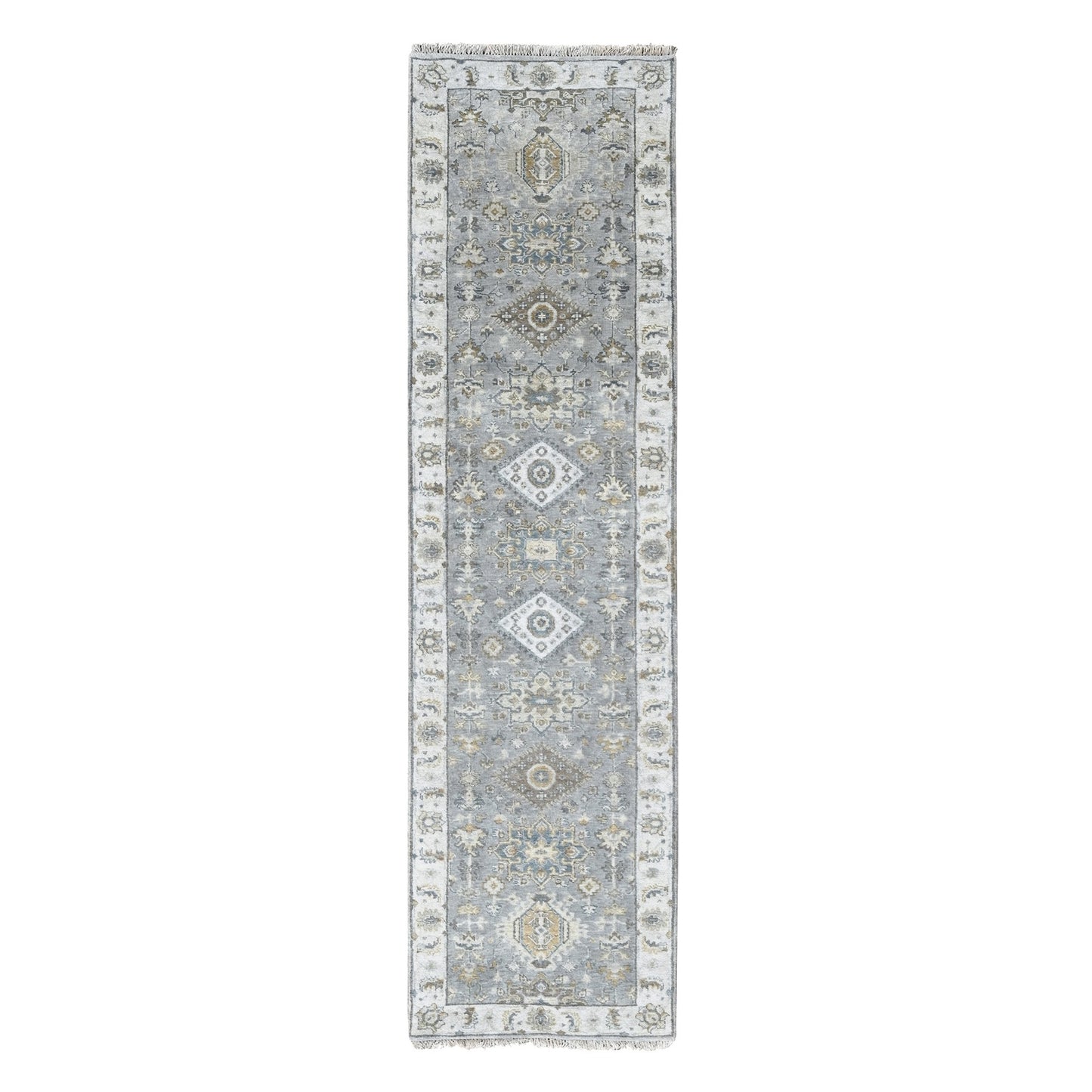 2'7"X9'9" Cloud Gray Pure Wool Karjihooz Design, Hand Knotted Runner Rug