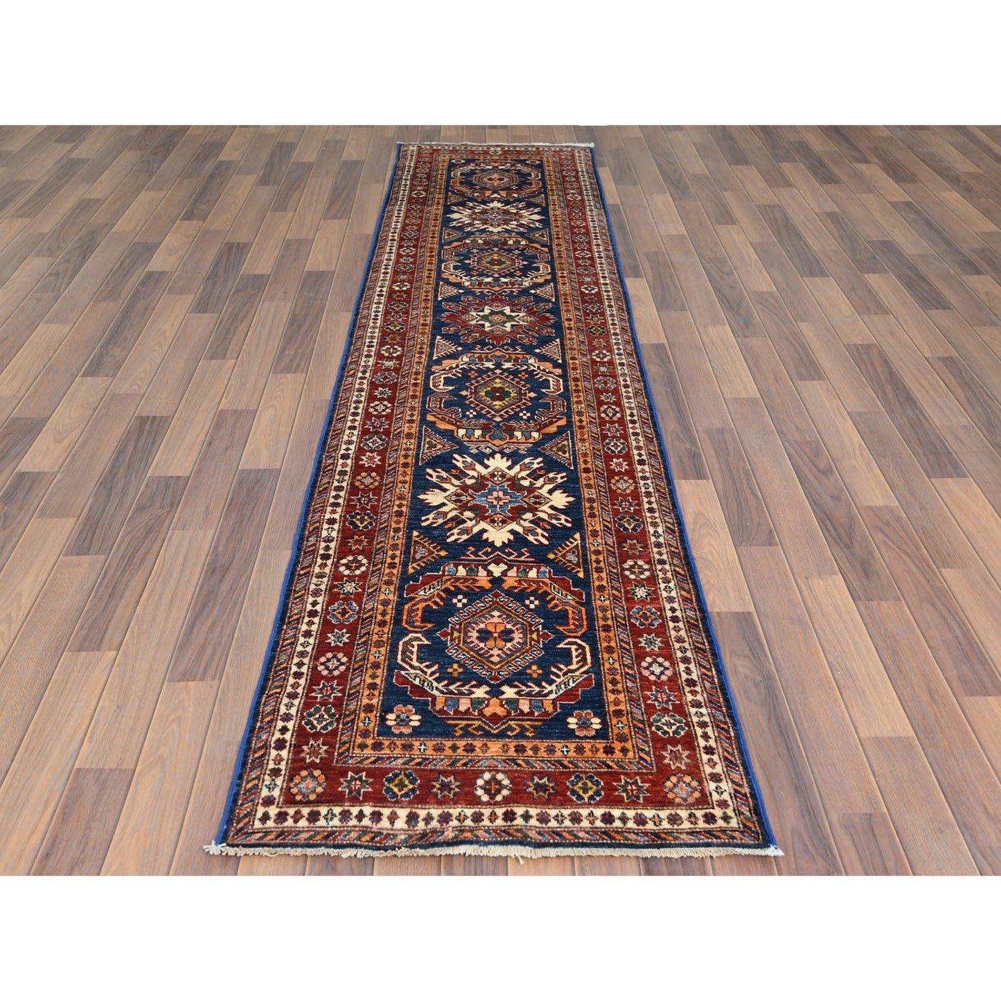 2'6"X11' Hand Knotted Navy Blue Afghan Super Kazak Soft Wool Runner Rug