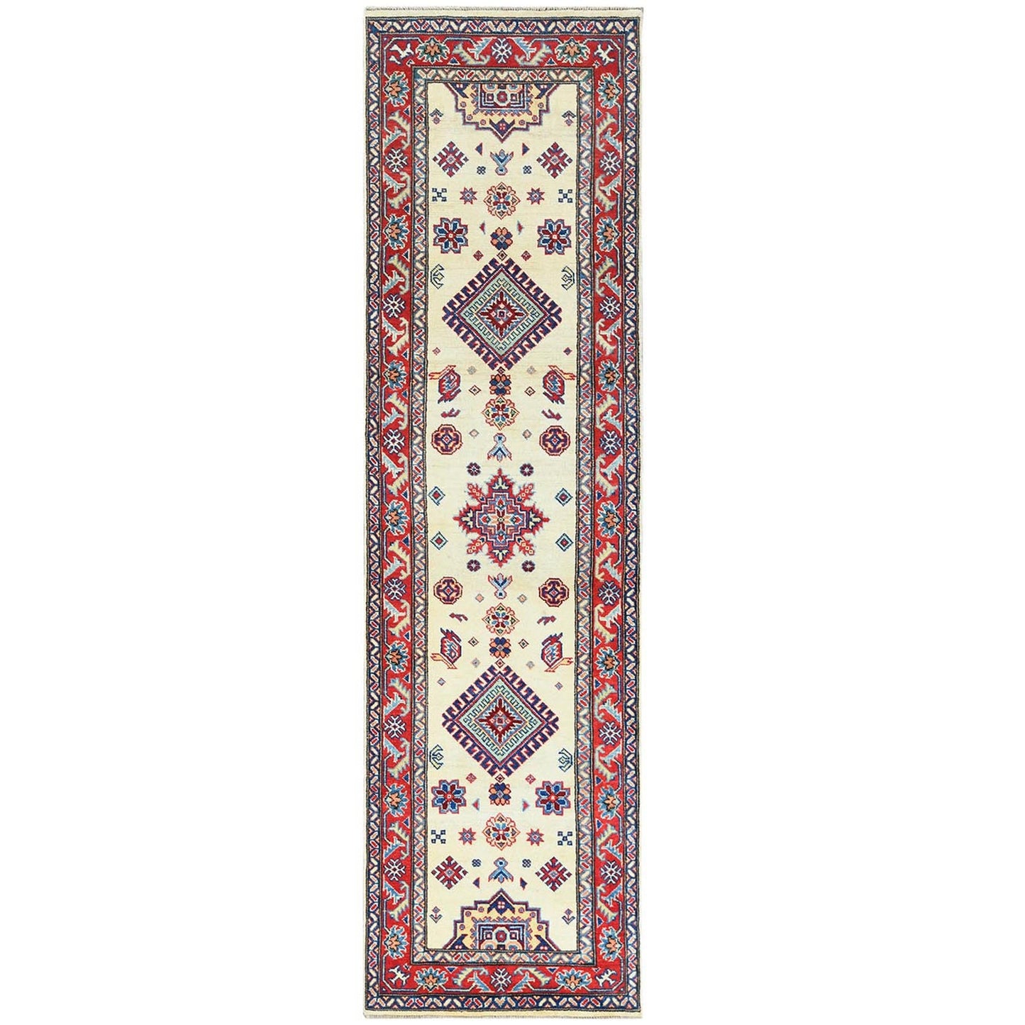 2'8"X9'8" Ivory Geometric Design Special Kazak Hand Knotted Pure Wool Rug