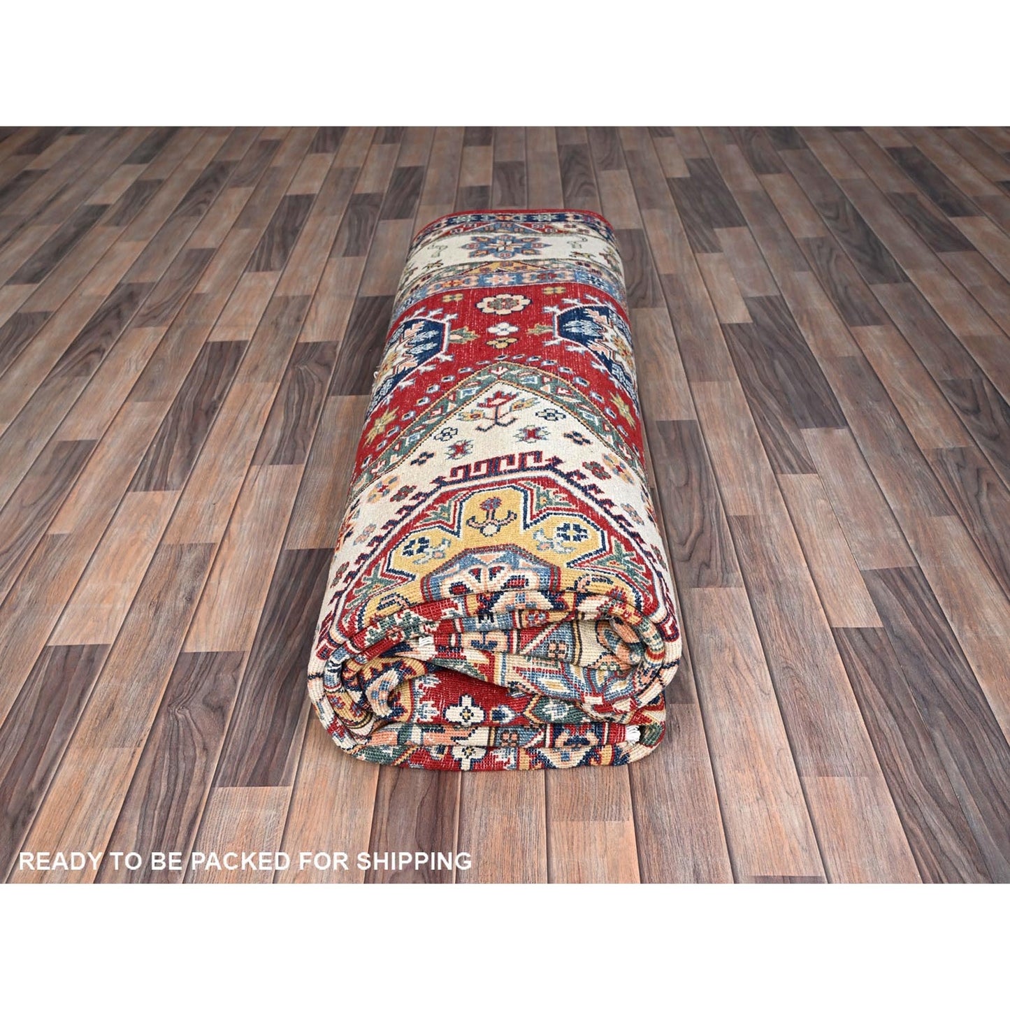 9'X12'4" Rufous Red Kazak Large Medallions Wool Hand Knotted Oriental Rug