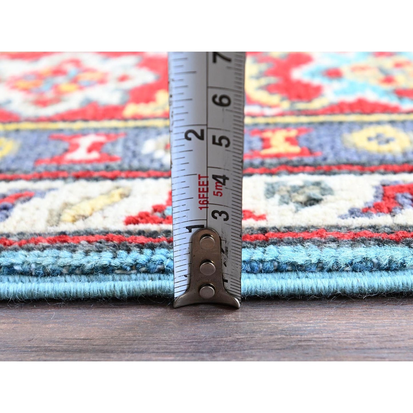 4'1"X5'10" Blue Kazak Geometric Medallions Design Hand Knotted All Wool Rug