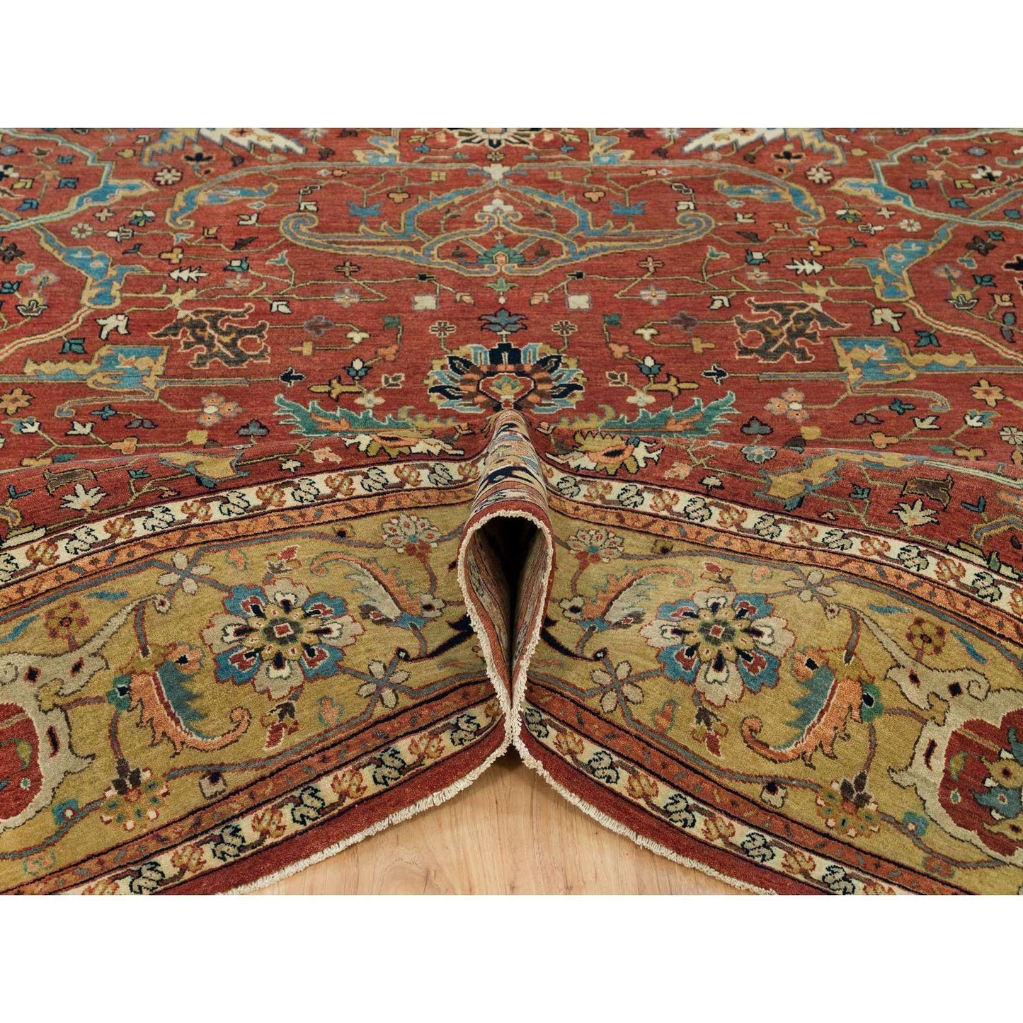 10'X10' Henna Red Antiqued Heris Hand Knotted Wool Square Oriental Rug