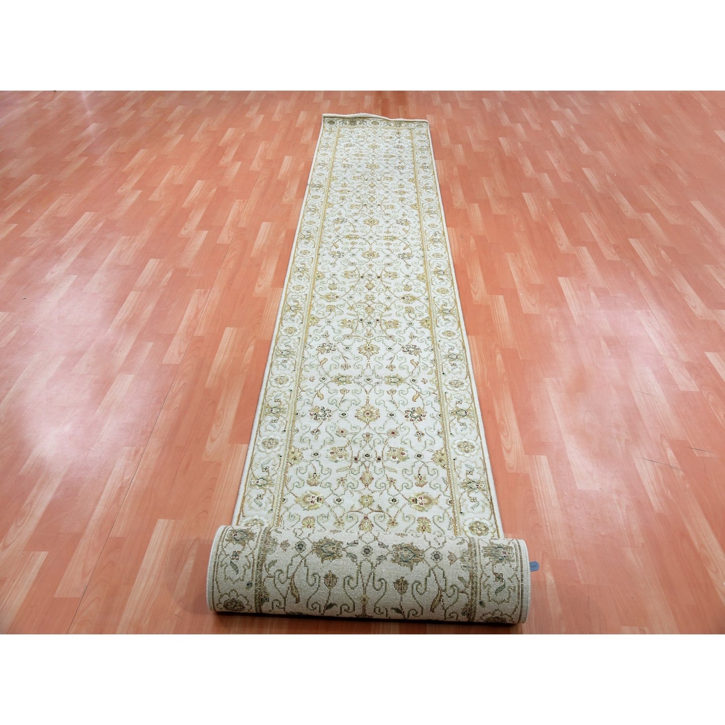 2'7"X20'7" Egret White Silk And Wool Hand Knotted Rajasthan Xl Runner Rug