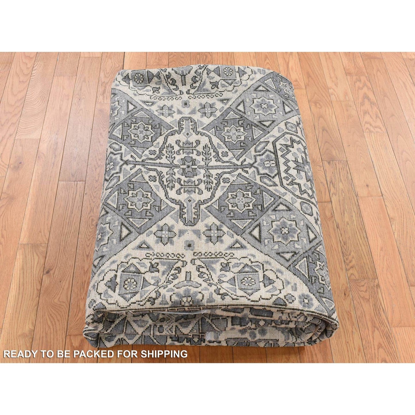 8'2"X10'5" Gray Ottoman Mamluk Design Hand Knotted Undyed Wool Rug