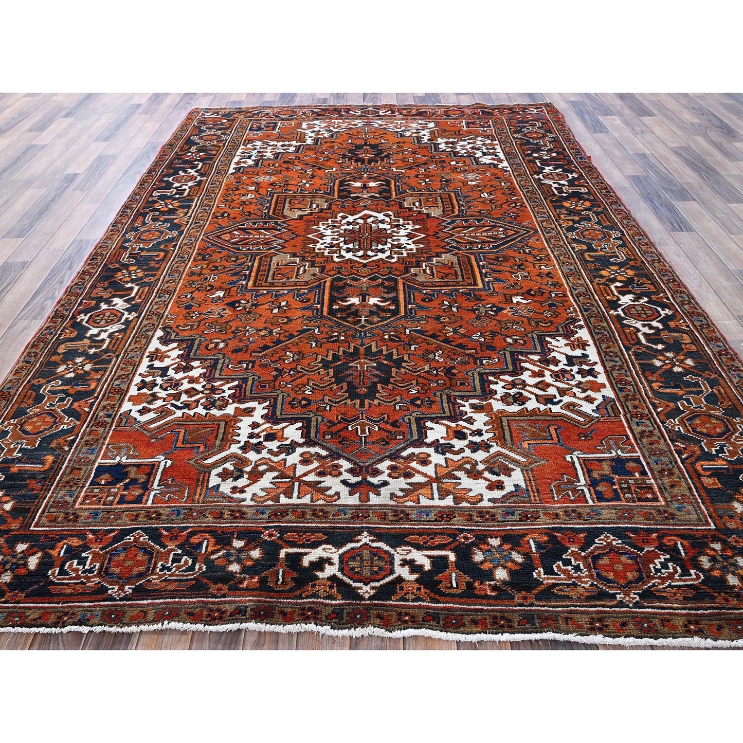 6'7"X9'7" Vivid Orange Vintage Zoroastrian Heris Pure Wool Hand Knotted Rug