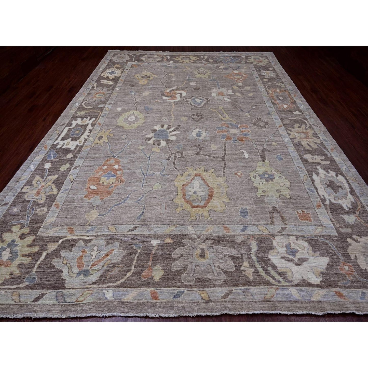 9'10"X13'6" Gray Afghan Angora Oushak Leaf Design Hand Knotted Wool Rug