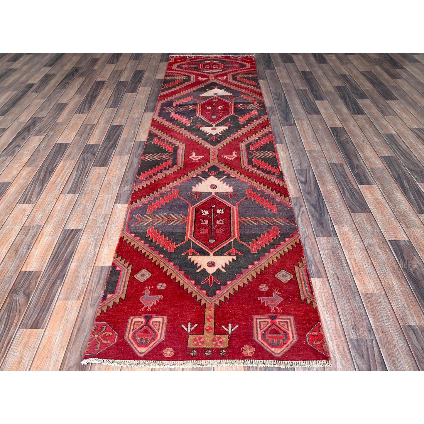2'7"X9'5" Red Vintage Zoroastrian Khamadan Wool Hand Knotted Runner Rug