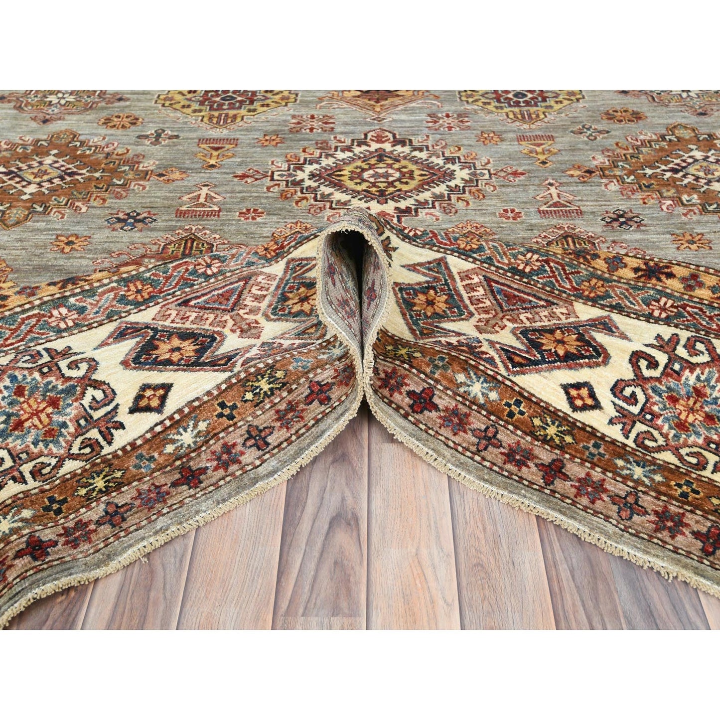 9'X12'4" Stone Gray Soft Wool Hand Knotted Afghan Super Kazak Rug