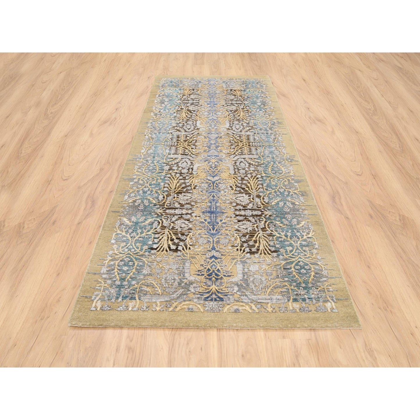 4'2"X10' Gold Brown Hand Knotted Silk With Wool Wide Runner Rug