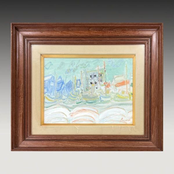Jean Fusaro (France) - Port 1966 Original Painting Oil On Canvas Signed Framed