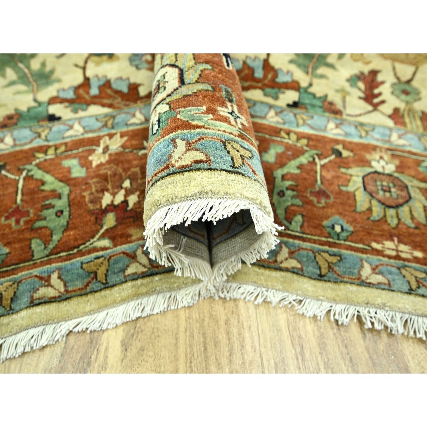 7'10"X10'3" Linen White Heris All Over Design Hand Knotted 100% Wool Rug