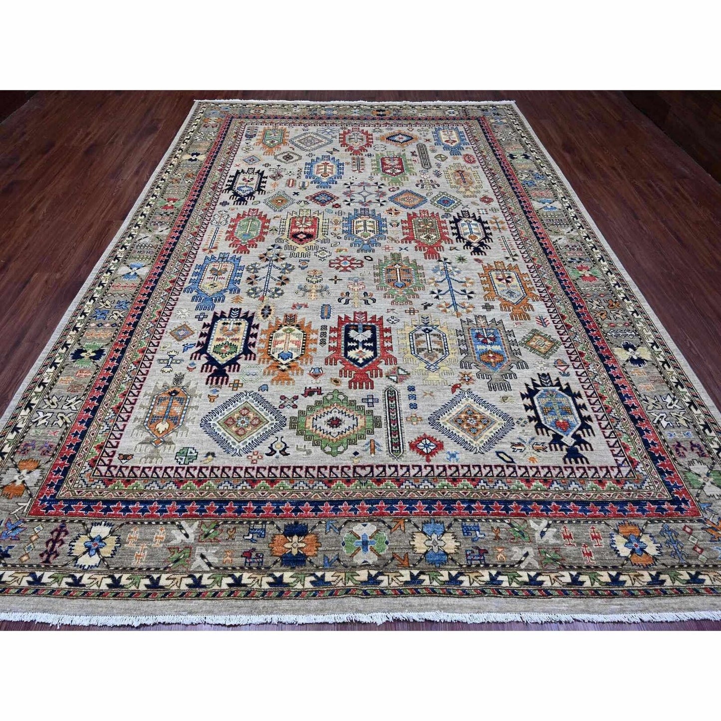 8'9"X11'10" Gray Caucasian Inspired Antiqued Design Wool Hand Knotted Rug