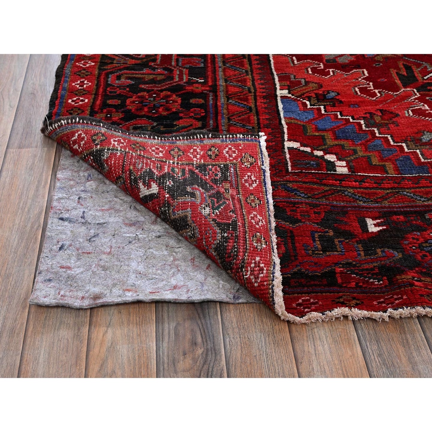 10'1"X12'7" Red Vintage Zoroastrian Heris Hand Knotted Wool Shaved Low Rug