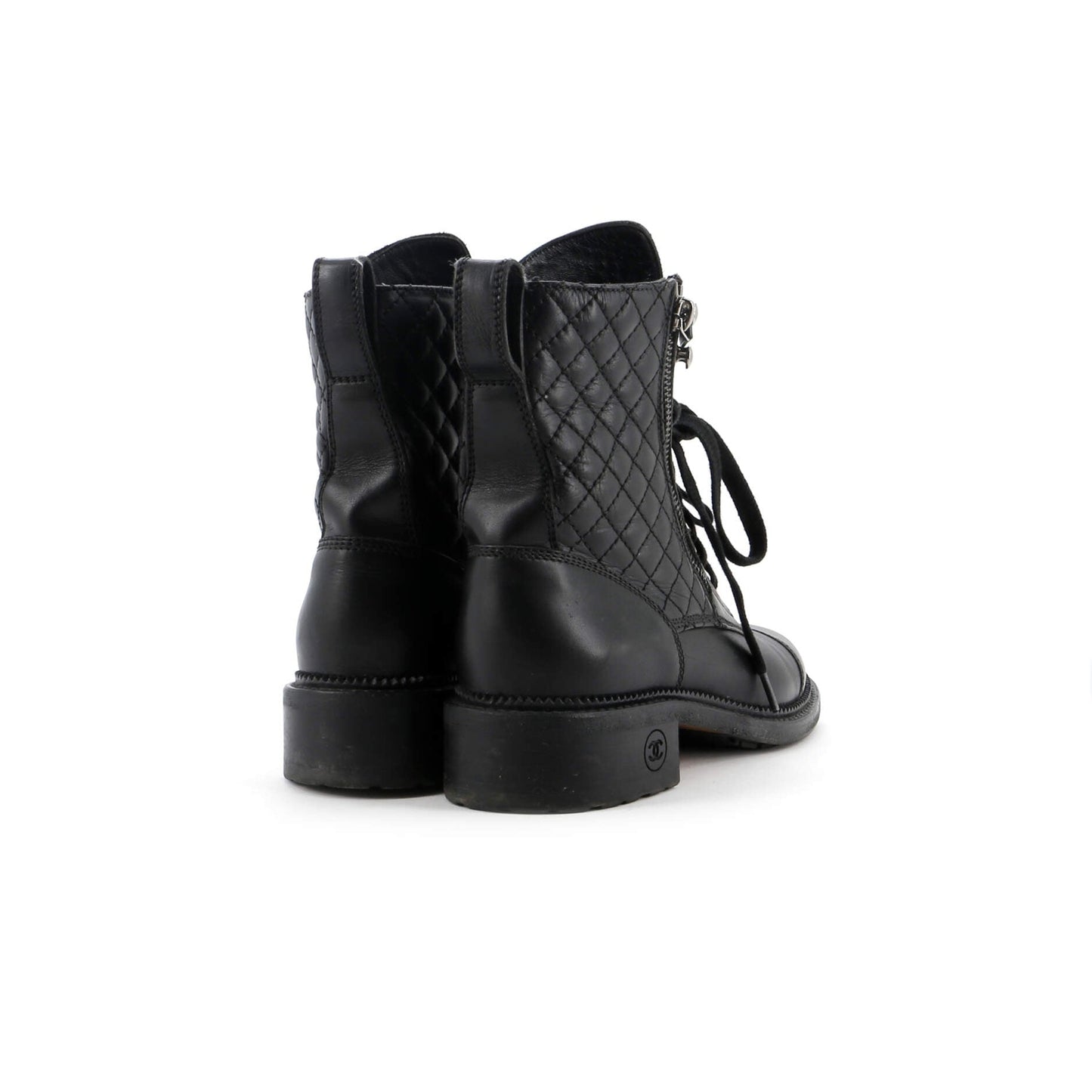 Chanel Women'S Cc Zip Up Combat Boots Quilted Leather