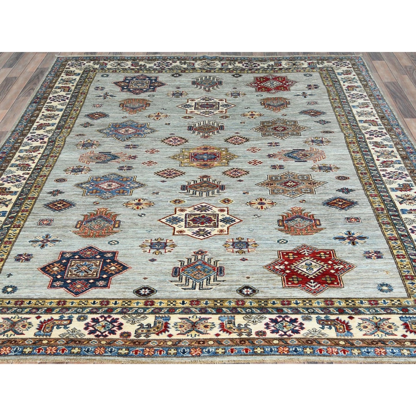 7'10"X9'10" Silver Blue Afghan Super Kazak Natural Wool Hand Knotted Rug