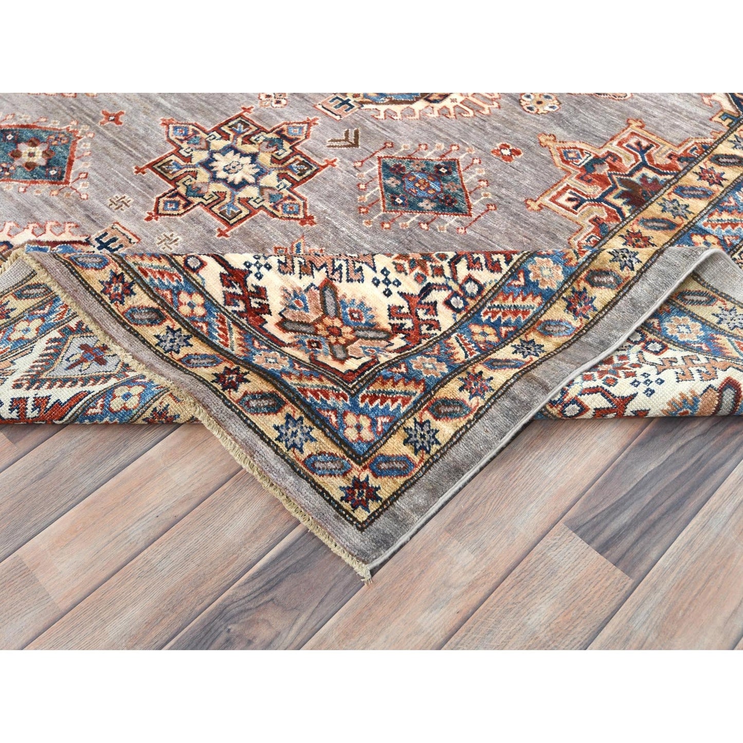 9'9"X9'9" Silver Pink Afghan Super Kazak Wool Hand Knotted Square Rug