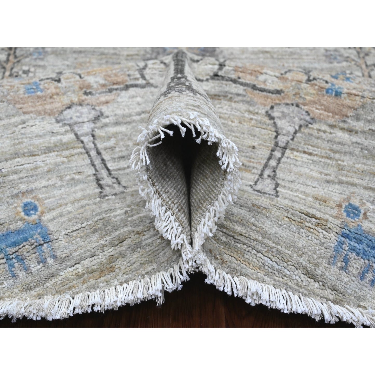 8'X8' Oyster Gray Peshawar Tree Design Hand Knotted 100% Wool Round Rug