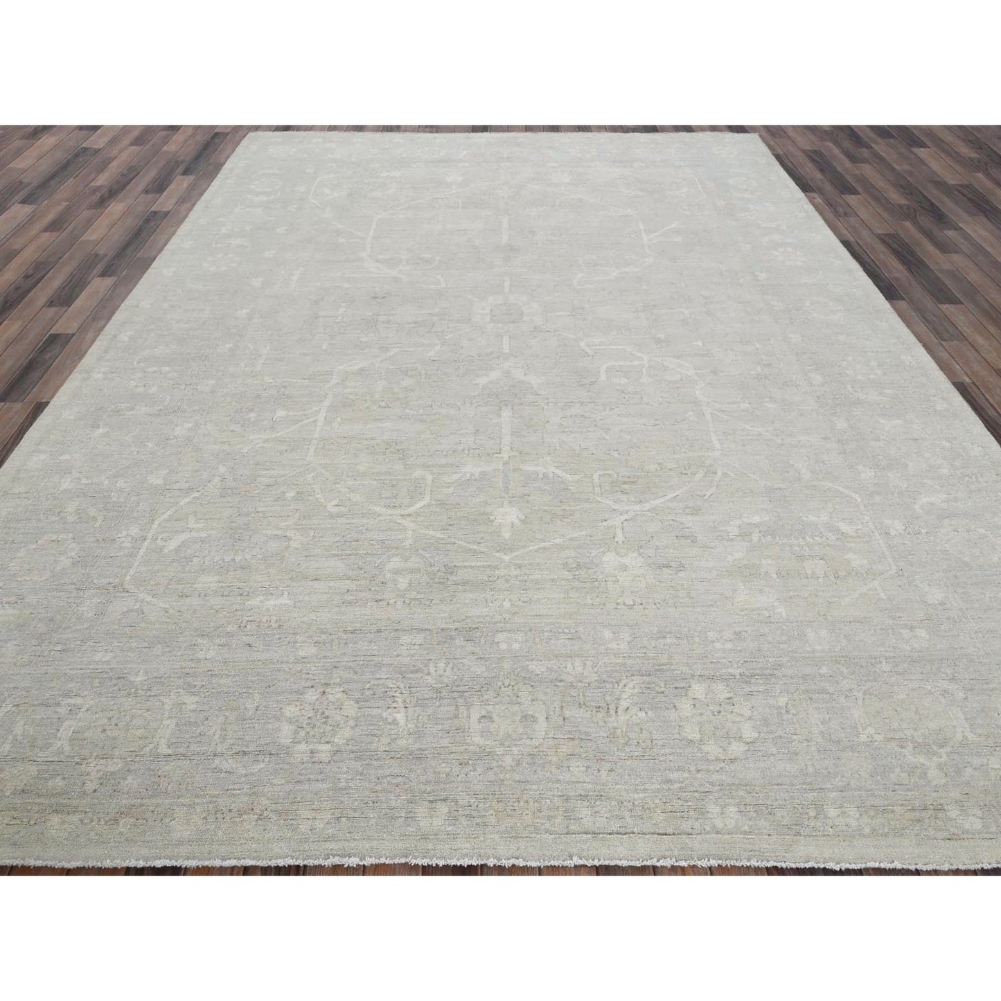 9'X11'10" Oyster White Washed Out Peshawar Hand Knotted 100% Wool Rug