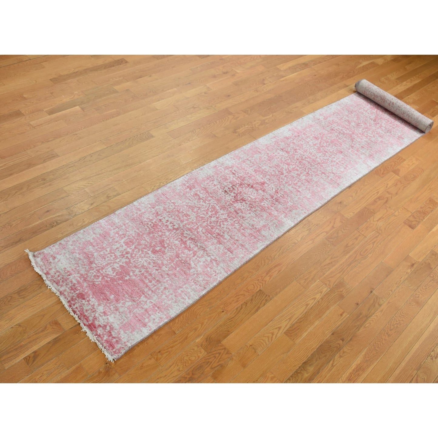 2'5"X15'7" Pink Zoroastrian Design Wool,Pure Silk Hand Knotted Runner Rug