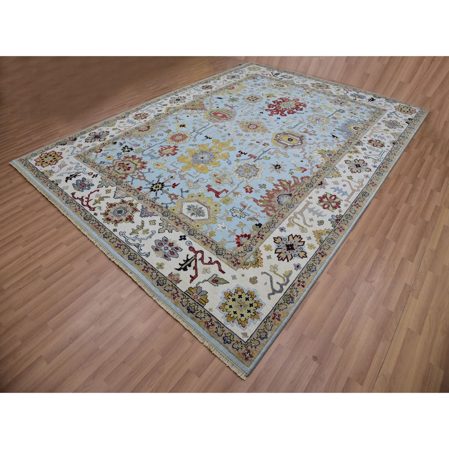 9'X12'5" Azure Sky Blue Hand Knotted Wool Agra Leaf Design Oriental Rug