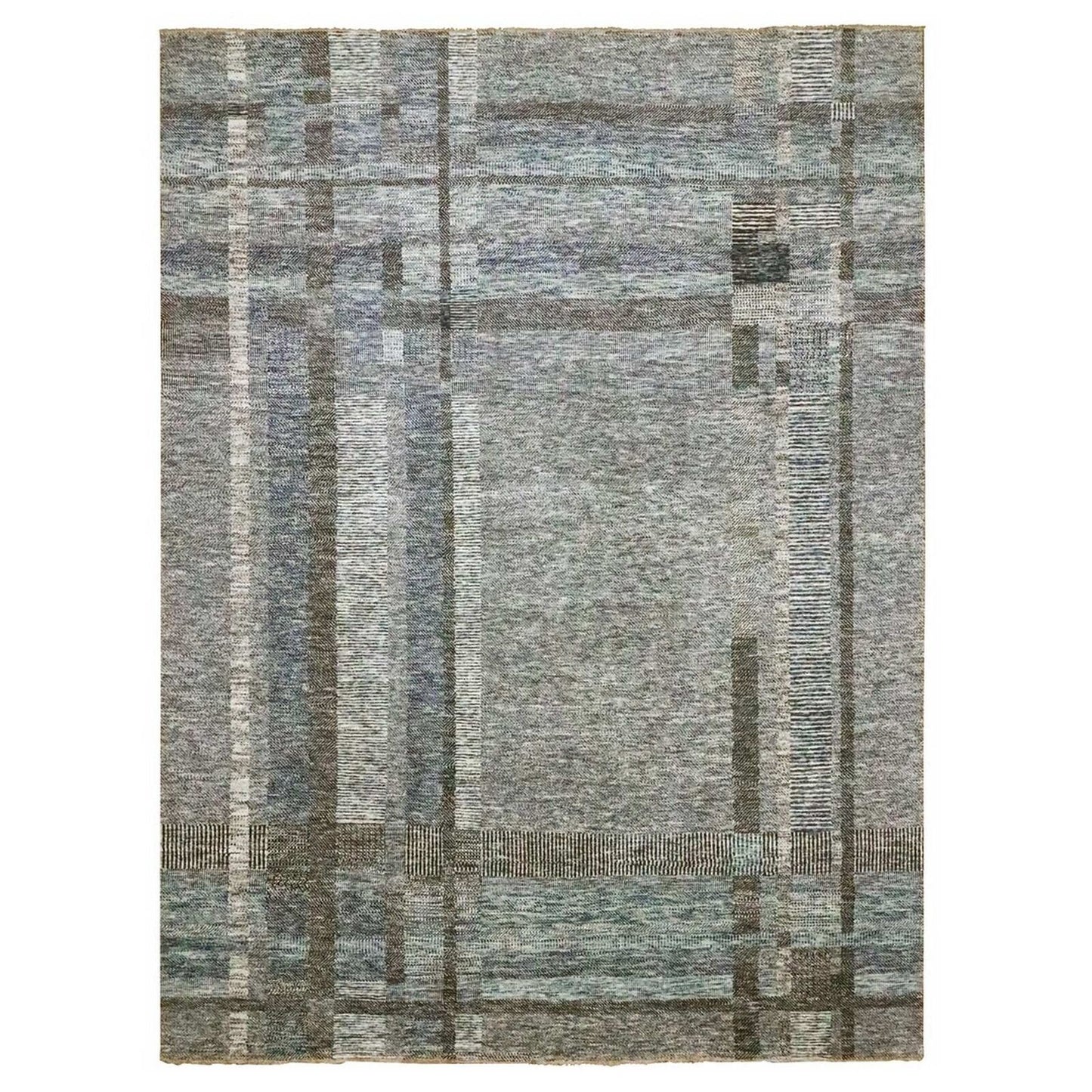 9'X12'1" Barely Blue Modern Geometric Plaid Design Wool Hand Knotted Rug