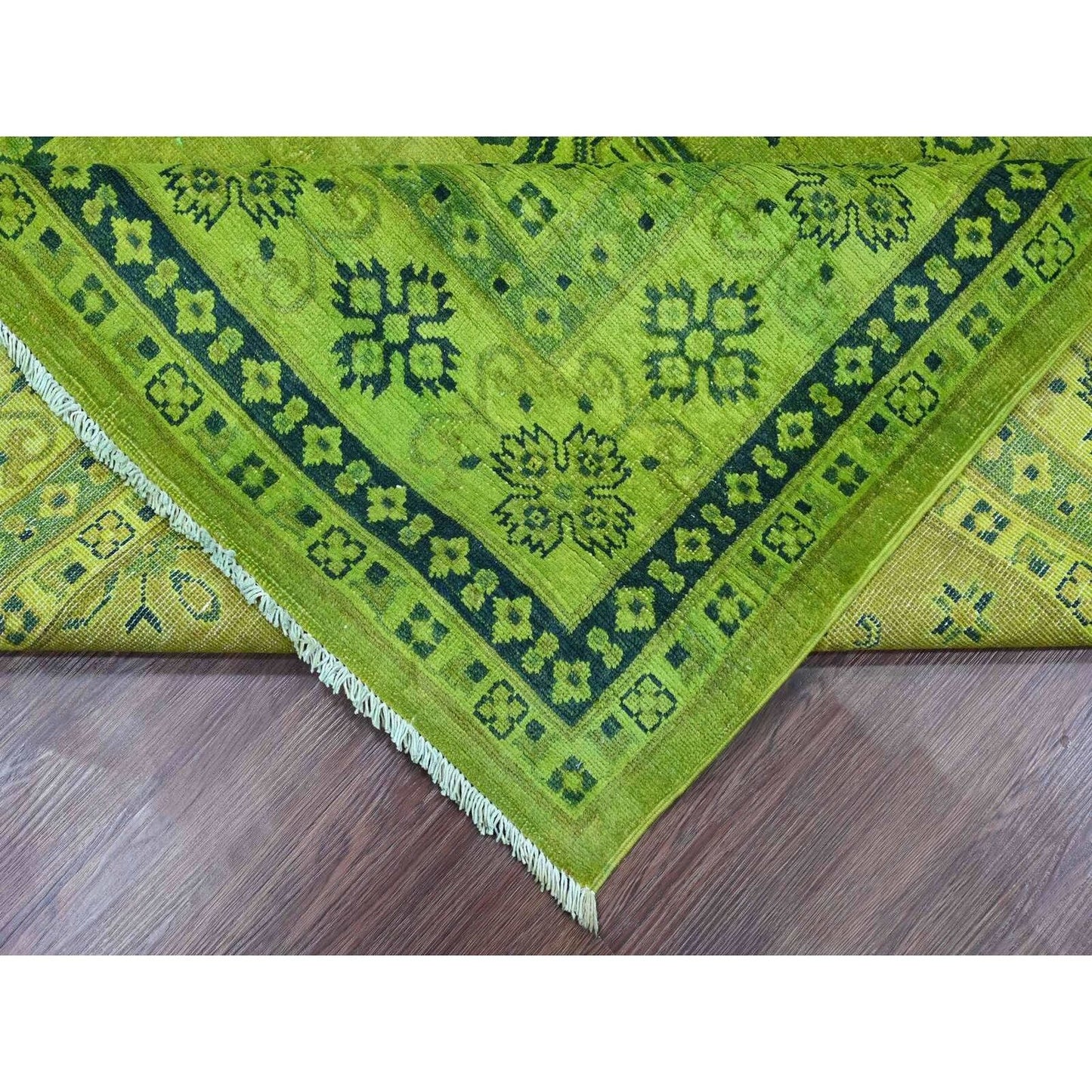 8'7"X11'6" Green Overdyed Kazak Geometric Pattern Hand Knotted Wool Rug