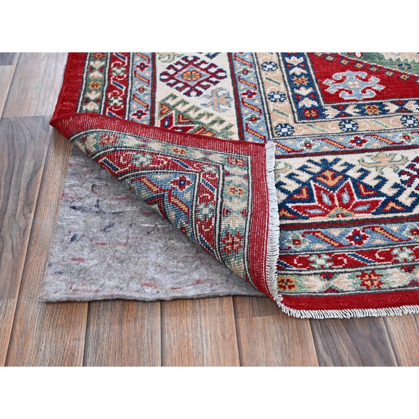8'2"X9'8" Red Kazak With Geometric Medallions Design Wool Hand Knotted Rug