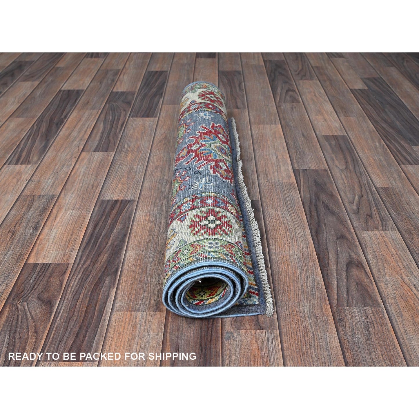 2'9"X4'1" Blue Kazak With Tribal Design Hand Knotted Soft Wool Sample Rug