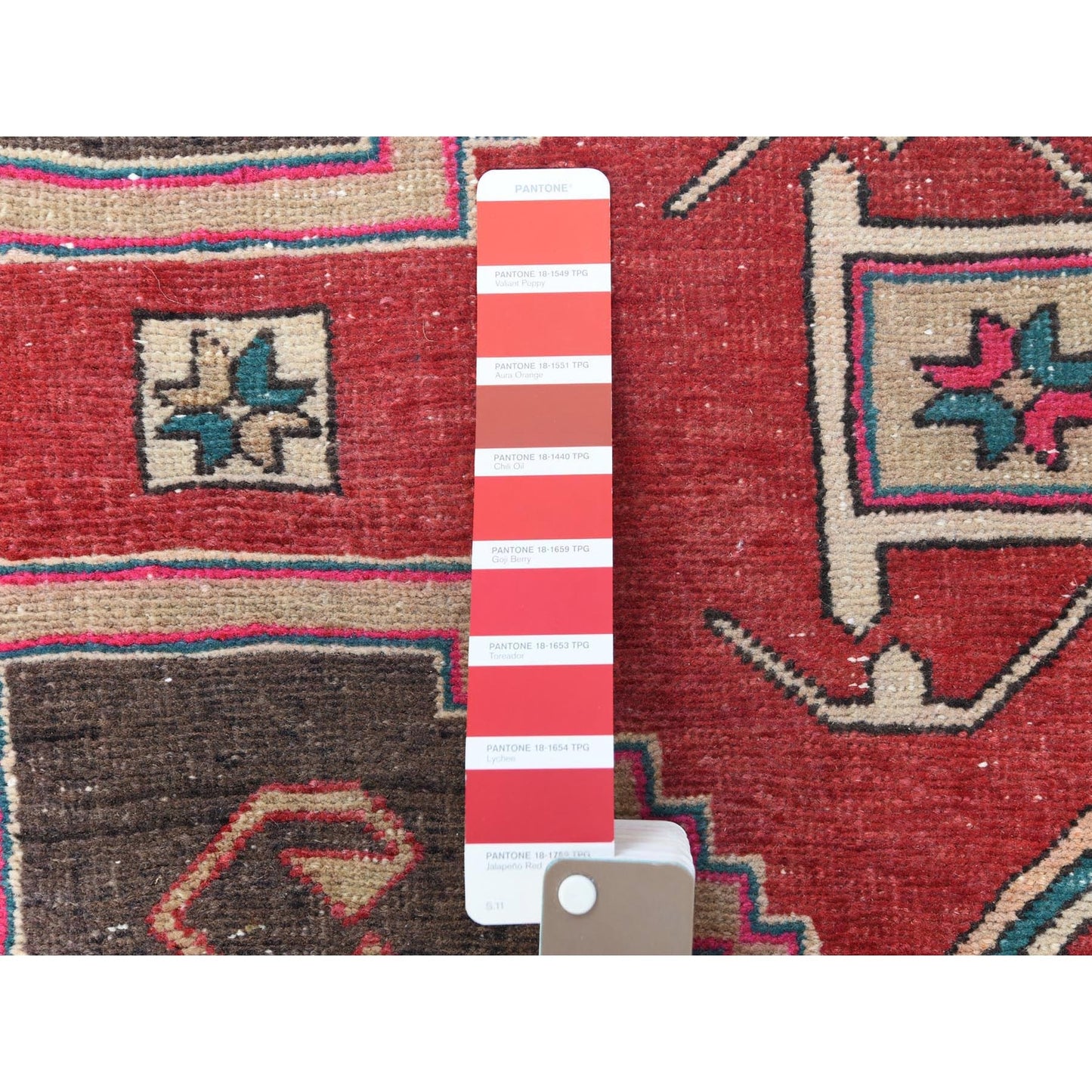 3'9"X10'9" Red Farsian Heris With Geometric Design Hand Knotted Wool Rug