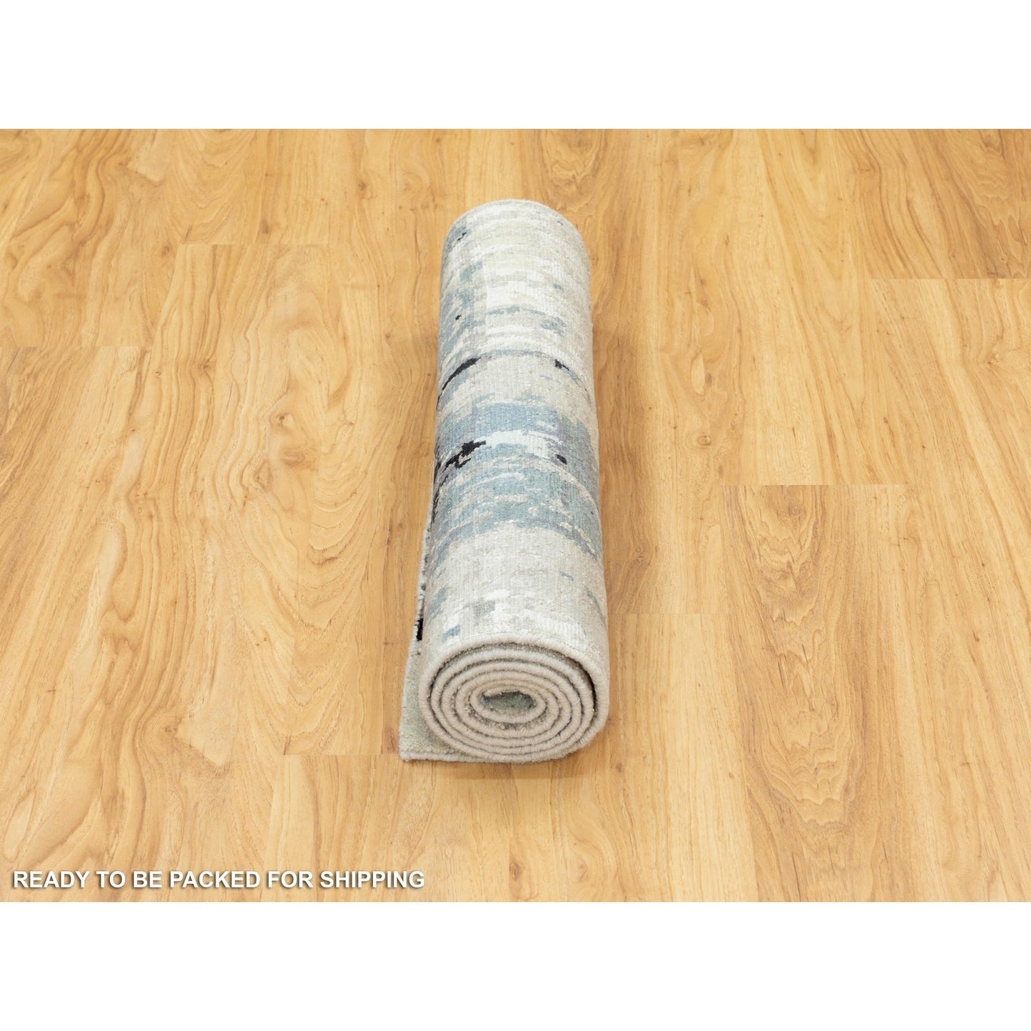 2'6"X5'10" Abstract Design Silver-Blue Hand Knotted Wool-Silk Runner Rug