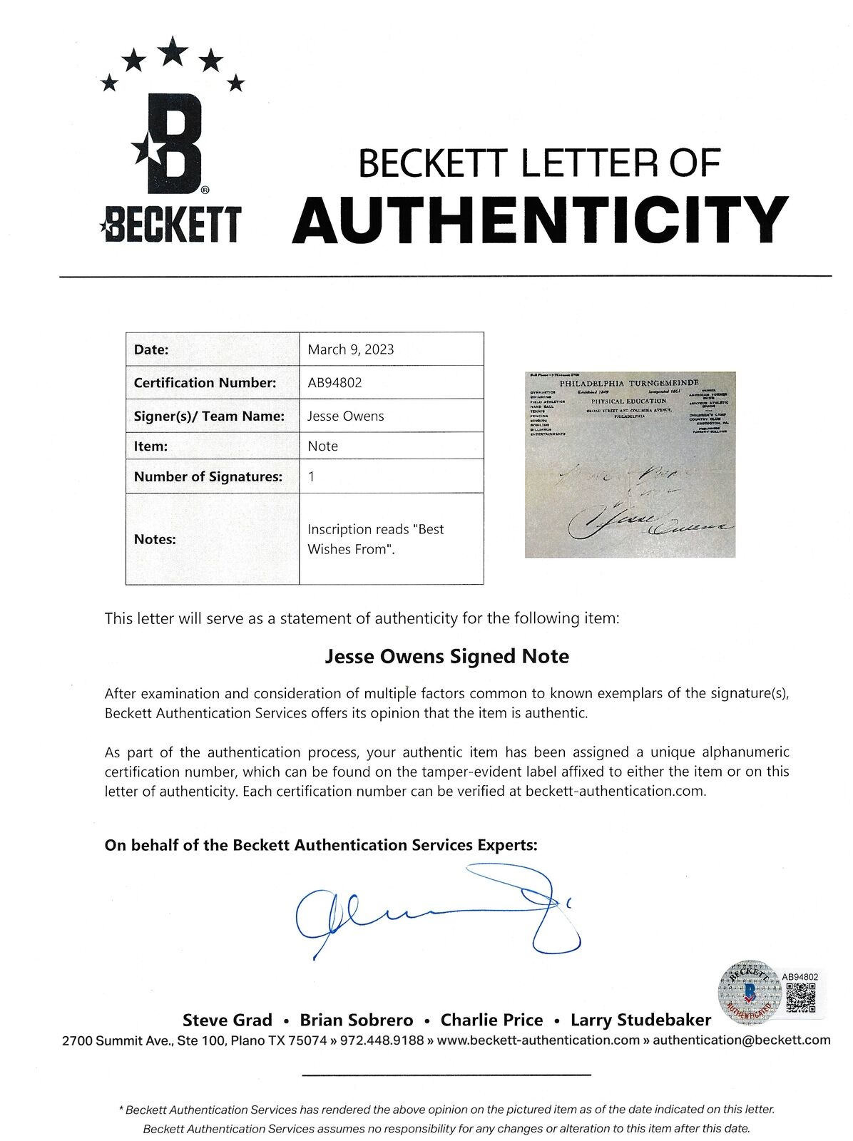 Jesse Owens Autographed/Inscribed "Best Wishes