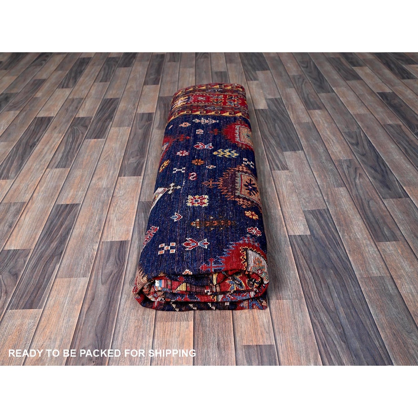 8'5"X9'8" Yale Blue Afghan Caucasian Design Revival Hand Knotted Wool Rug