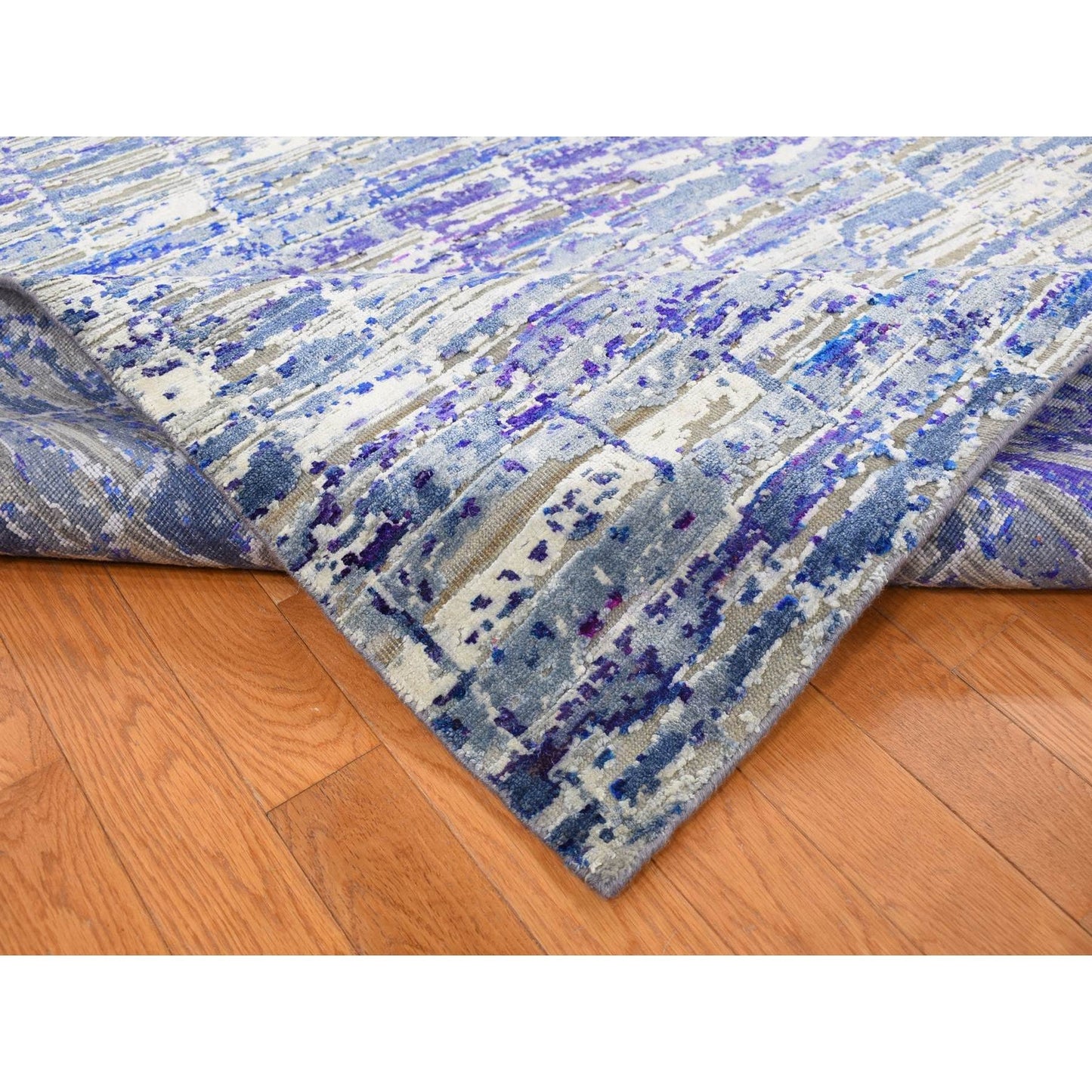 10'2"X13'10" Indigo Diminishing Bricks Sari Silk Hand Knotted Rug