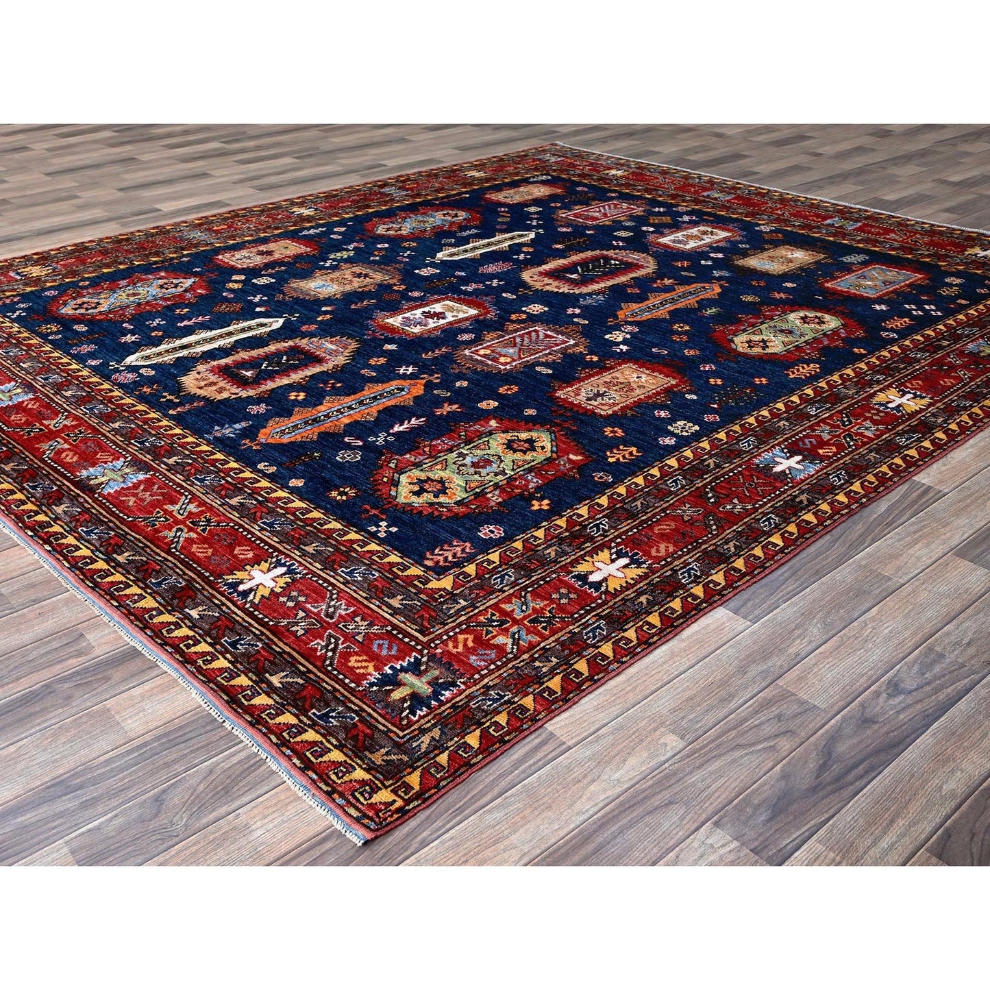 8'5"X9'8" Yale Blue Afghan Caucasian Design Revival Hand Knotted Wool Rug