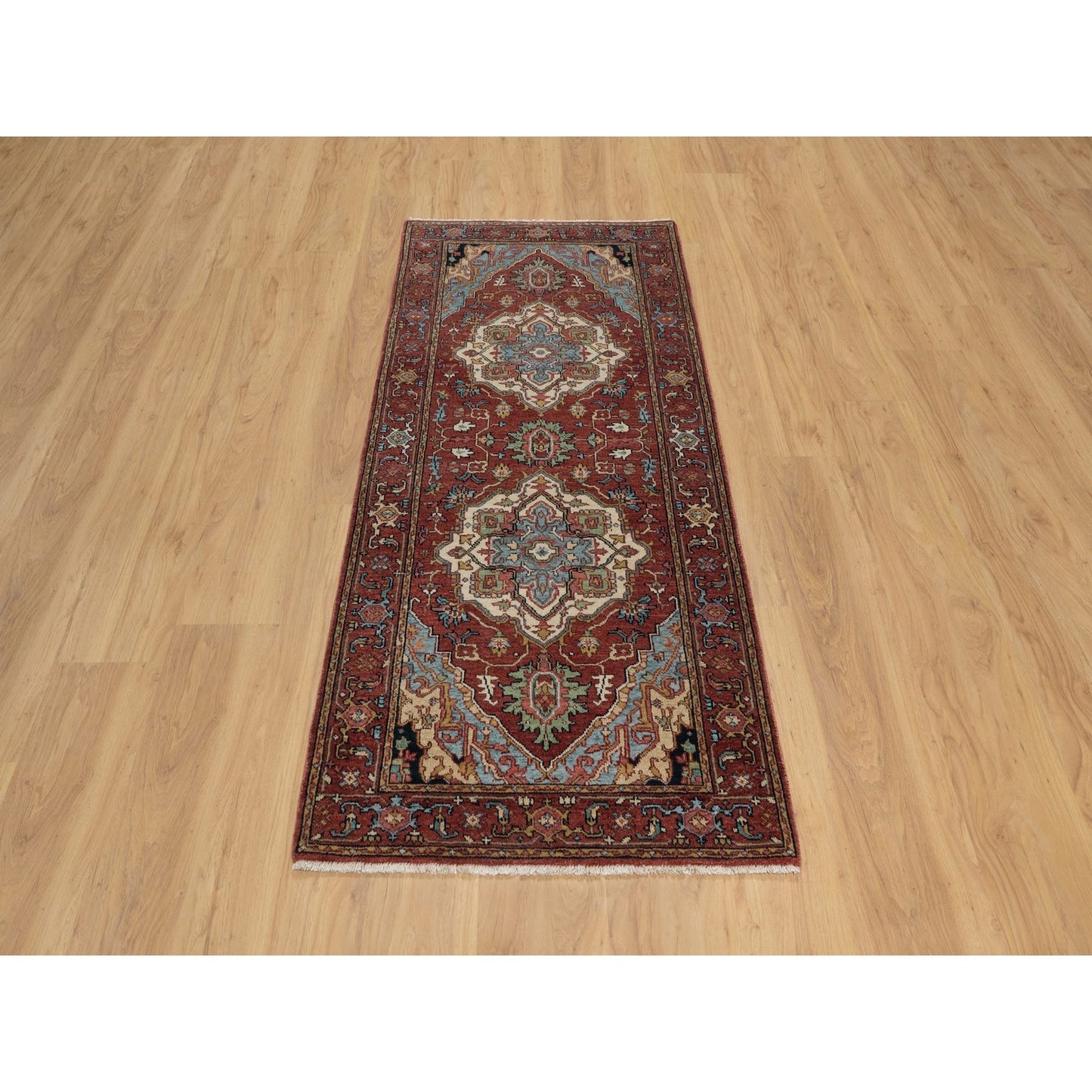 2'8"X6'2" Red Antiqued Heris Re-Creation Hand Knotted All Wool Runner Rug