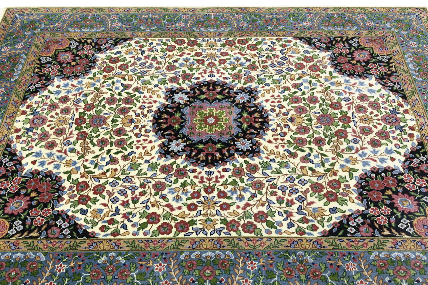 Handmade Kirman Oriental Rug Cream & Blue Floral