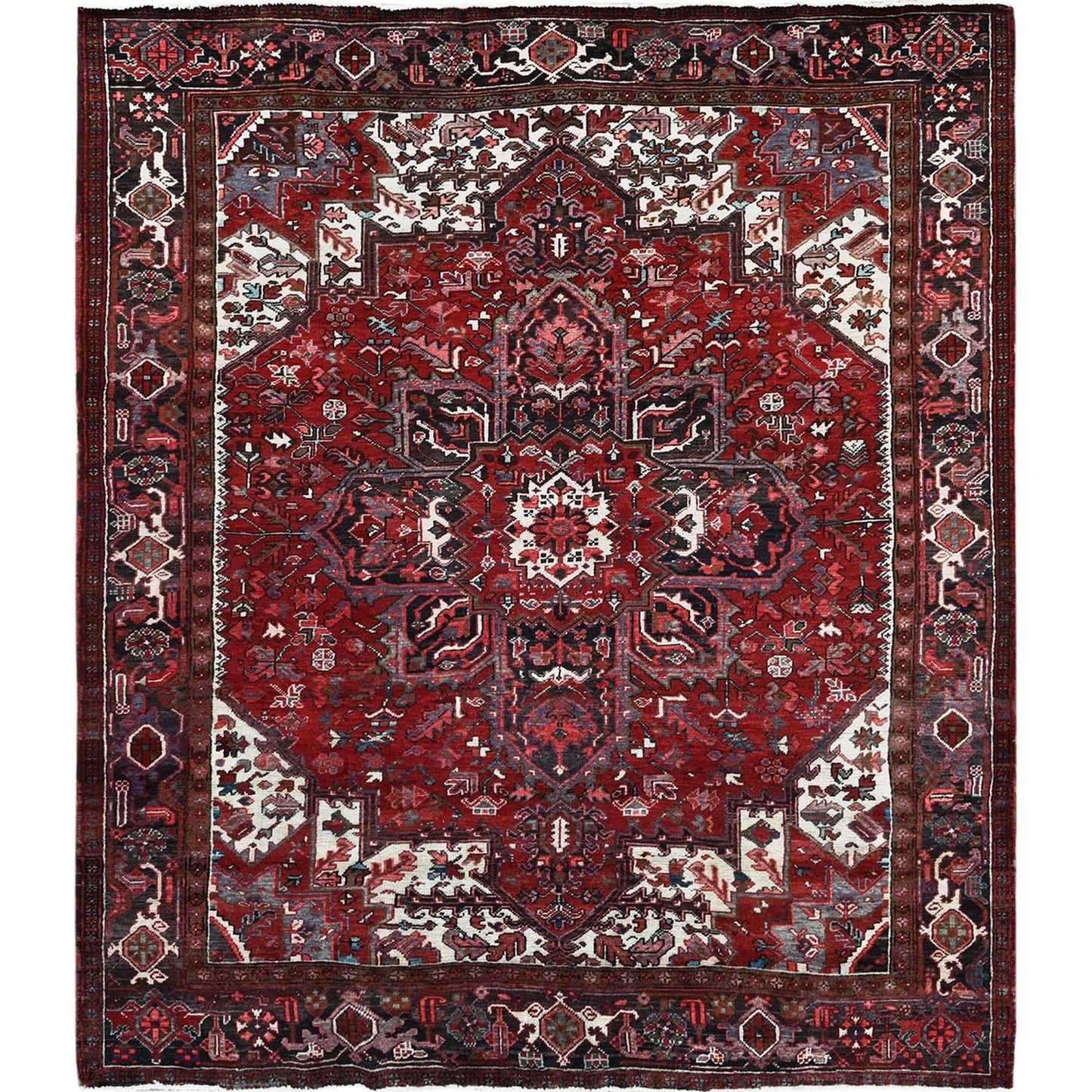 8'X9'2" Red Vintage Zoroastrian Heris Pure Wool Hand Knotted Worn Down Rug