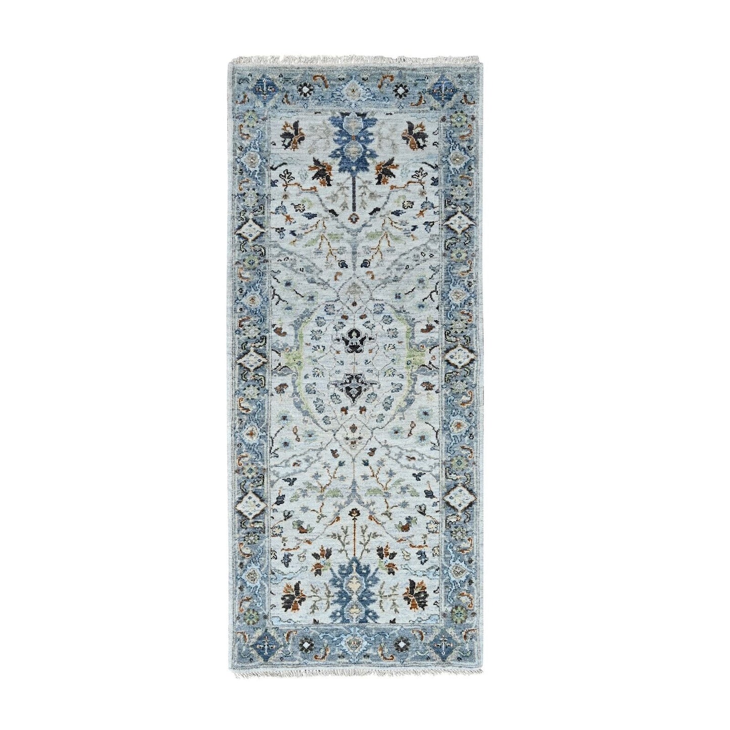 2'5"X5'9" Gray Hand Knotted Wool Oushak Floral Motifs Runner Oriental Rug