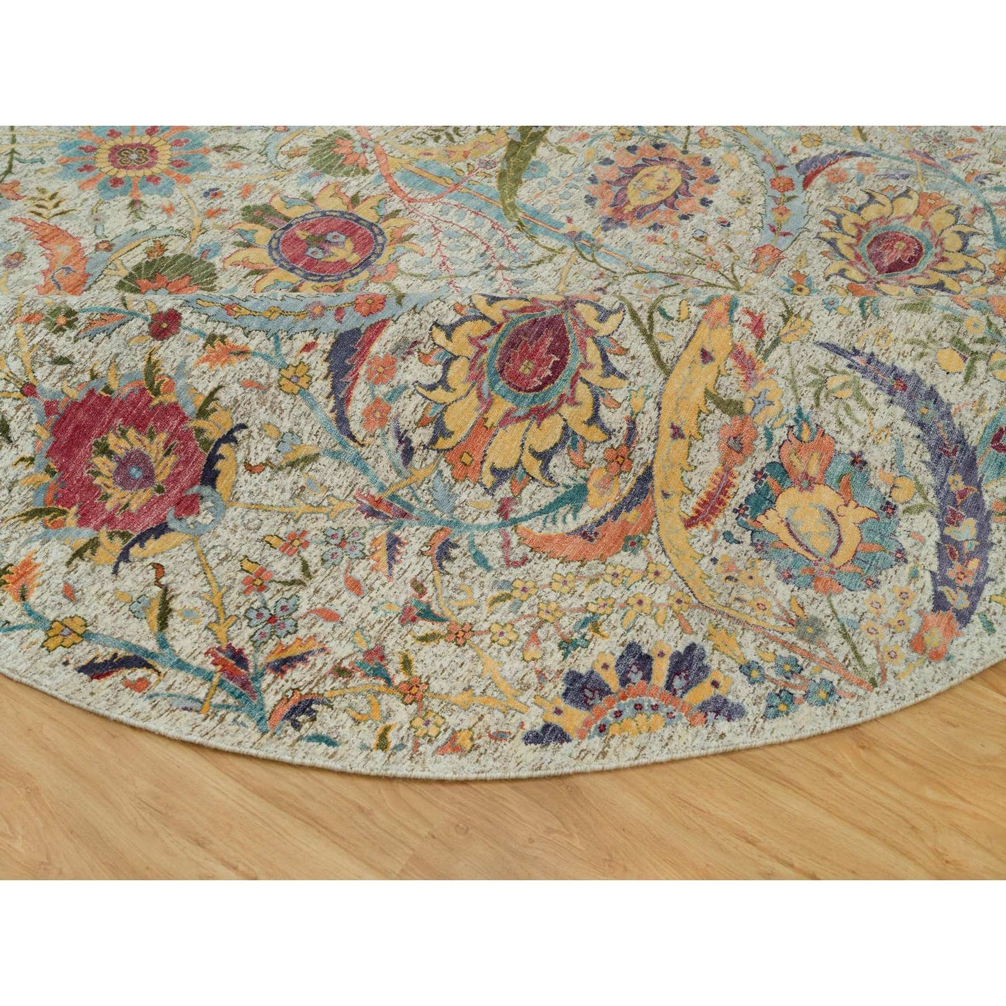 10'X10' Birch Tan Hand Knotted Silk And Wool Sickle Leaf Design Round Rug