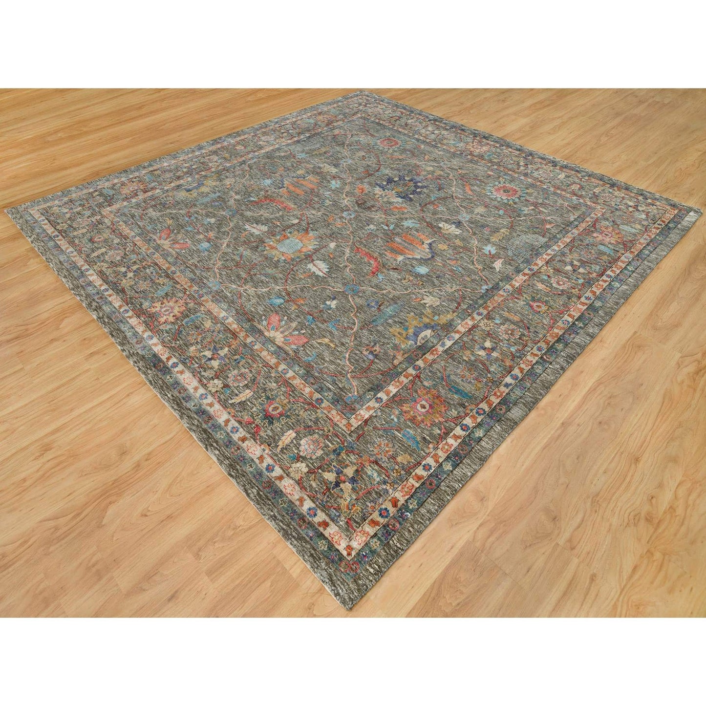 10'X10' Brown Striae Pattern Hand Knotted Silk Textured Wool Square Rug