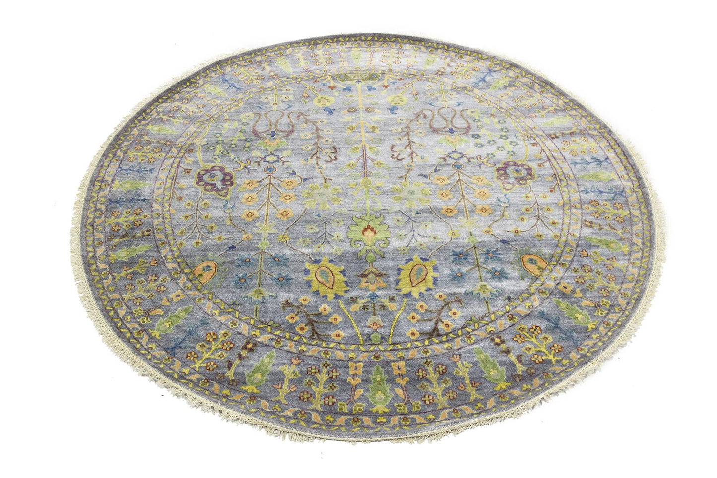 Hand-Knotted Round Oriental Rug Floral Osh Chobi