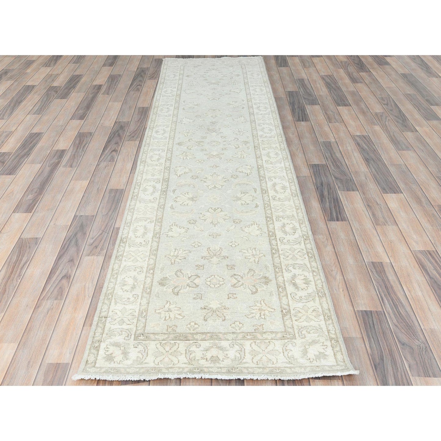 2'8"X9'9" Ivory Afghan Stone Washed Peshawar Wool Hand Knotted Runner Rug