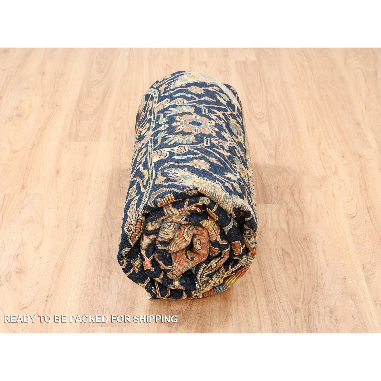8'1"X10'1" Blue Antiqued Heris Re-Creation Soft Wool Hand Knotted Rug