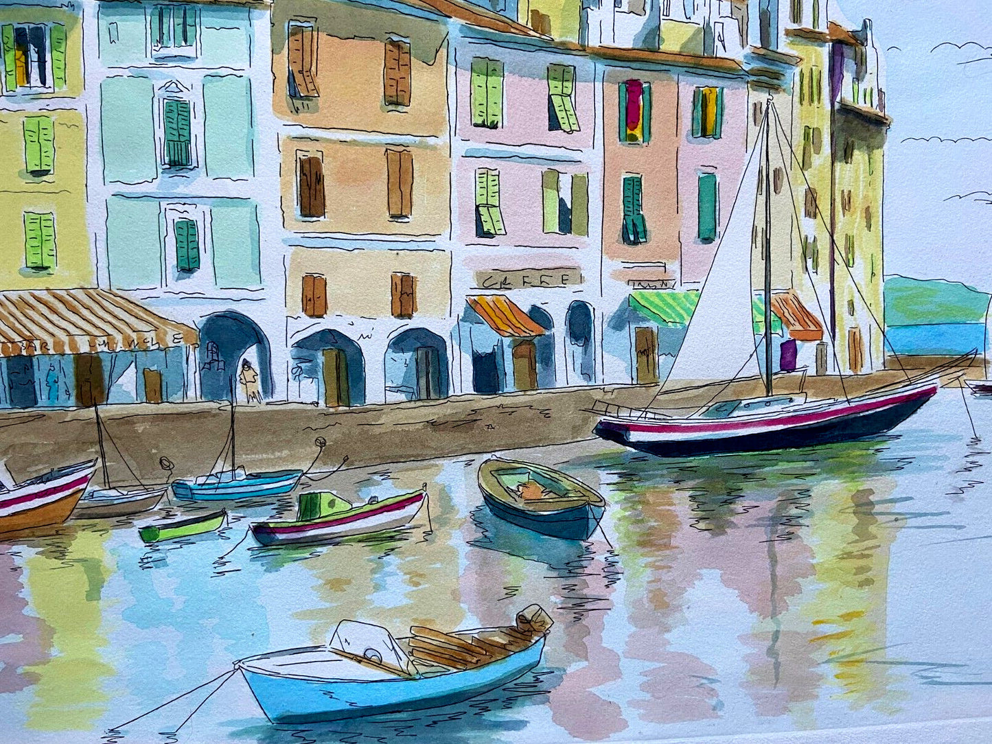 Aldo Riso ''Portofino'' Hand-Painted Engraving 60X80 - Authenticated And Signed