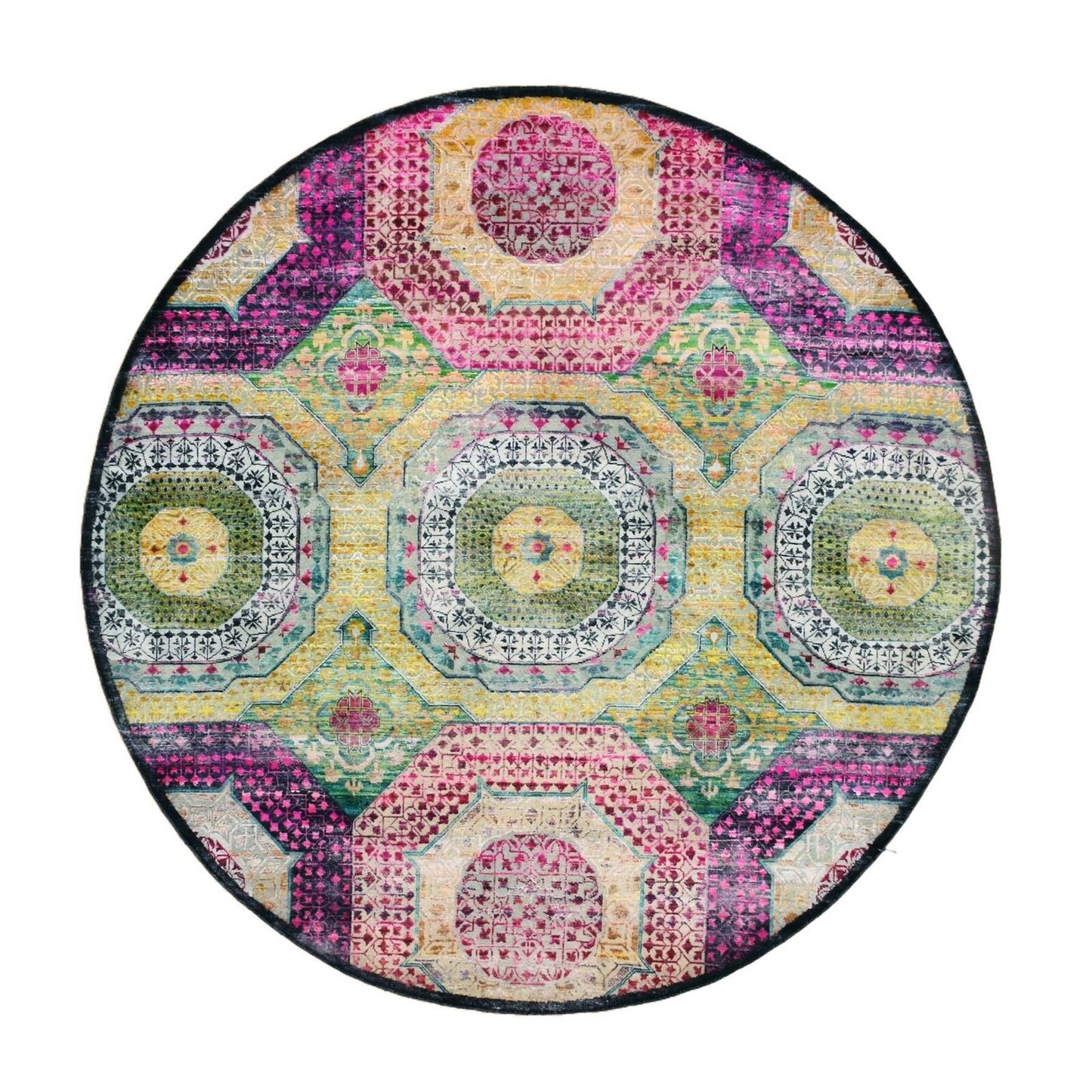 8'1"X8'1" Yellow Mamluk Design Sari Silk With Wool Hand Knotted Round Rug