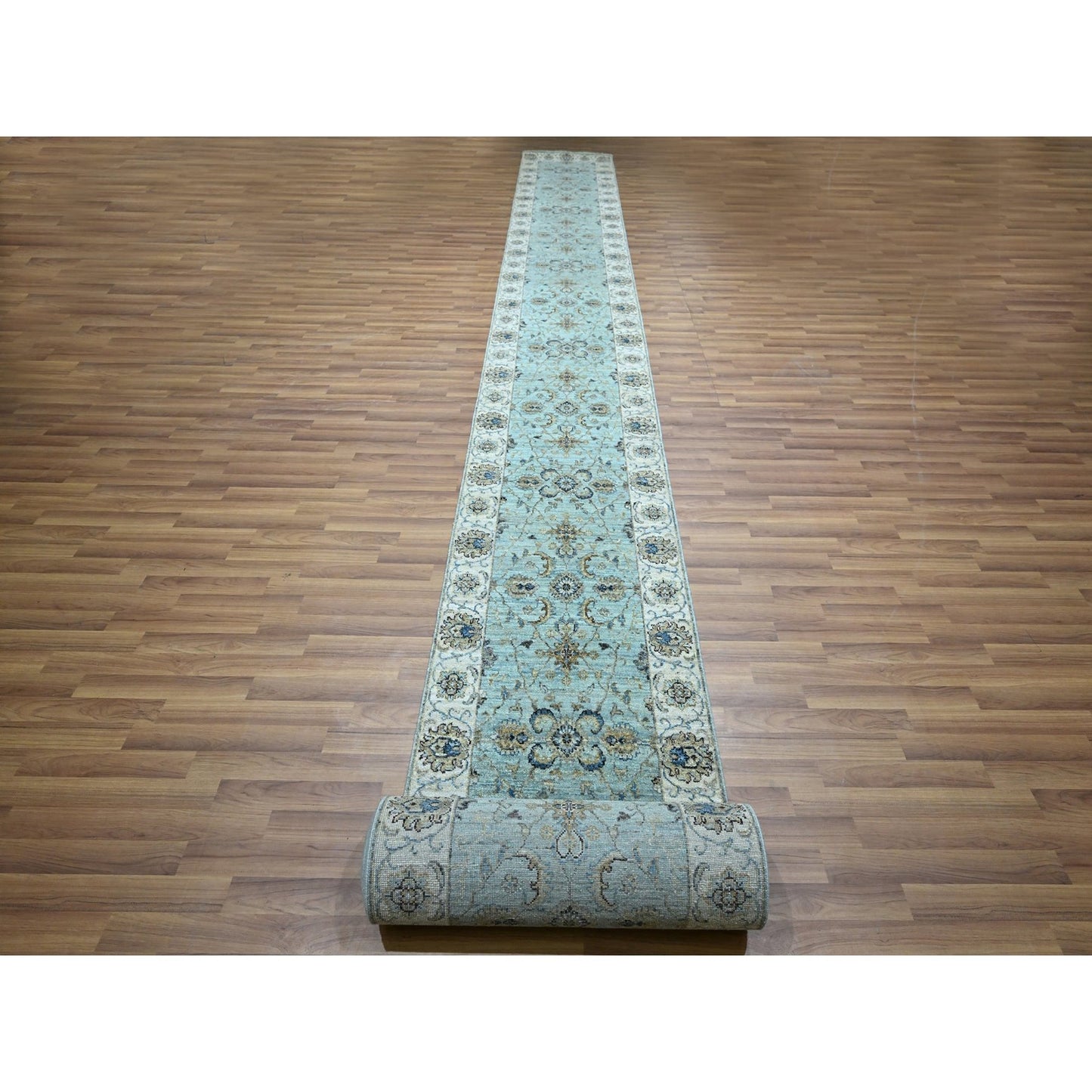 2'6"X29'10" Blue Hand Knotted Flower Vines Design Pure Wool Xl Runner Rug