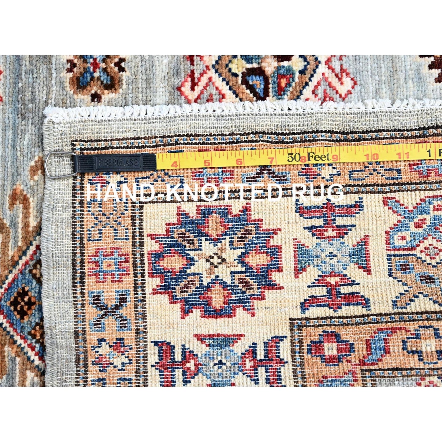 5'X7'1" Gray Hand Knotted Afghan Super Kazak All Over Pattern Wool Rug