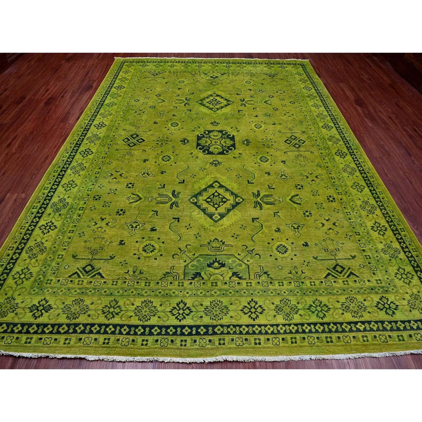 8'7"X11'6" Green Overdyed Kazak Geometric Pattern Hand Knotted Wool Rug